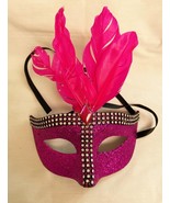 Fancy Dress Eye Mask Deep Iridescent Pink w Pink Feathers Rhinestones Co... - €7,67 EUR