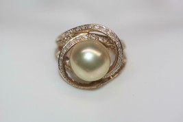 Fine 14K Yellow Gold 11.5mm Golden South Sea Pearl Ring w/ Diamond Accents SZ 6 - £883.65 GBP