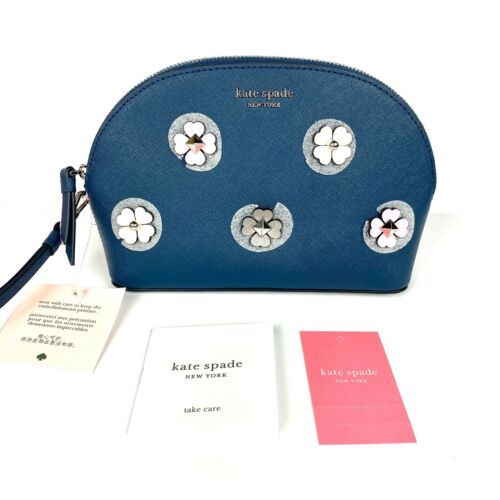 NWT NEW! Kate Spade Medium Dome Cosmetic Bag Pouch Cameron Applique Flower Blue - $25.50