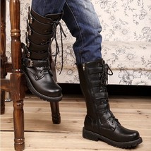 LIN KING Big Size 46 Punk Black Men Mid-Calf Boots Lace Up Rome Motorcycle Boots - £78.66 GBP