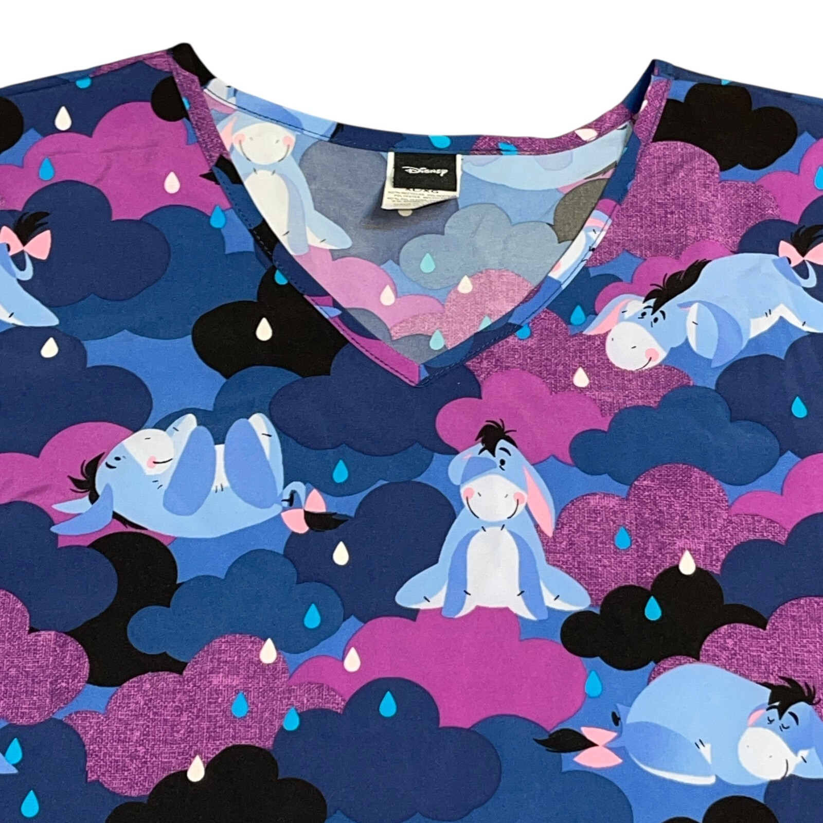 Disney Eeyore Scrub Shirt Top Sz XL Extra Large Women Purple Stretch Rain Clouds Item image 2