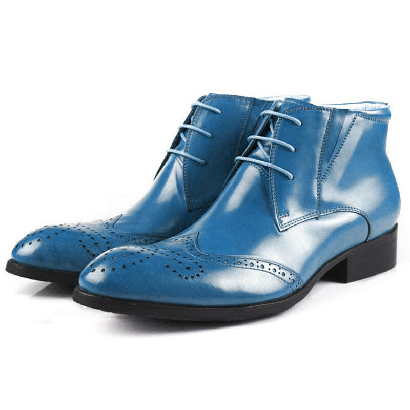 High Ankle Men Blue Brogues Toe Wing Tip Oxford Leather Lace Up Boots US 7-16