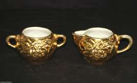 Old Vintage Open Sugar Bowl &amp; Creamer Set Flower w Diamond Pattern &amp; Gol... - $21.77