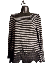 White House Black Market Long Sleeve Blk/Gray Striped Lace Hem Blouse Si... - $15.84