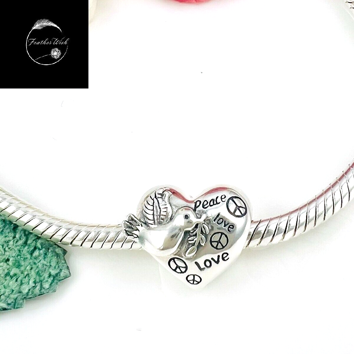 Love Peace & Freedom World Heart Bird Bead Charm Genuine Sterling Silver 925