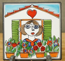 Vintage Hand Painted Italy Art Tile Brunette Lady Red Potted Flowers Heart House - £22.47 GBP