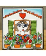 Vintage Hand Painted Italy Art Tile Brunette Lady Red Potted Flowers Hea... - £22.58 GBP