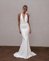 Mermaid Wedding Dress with Halter Neck &amp; Open Back, Sleek Satin Bridal Gown - $439.00