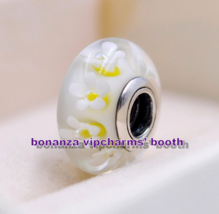 Sterling Silver Handmade Glass Beads White Daisies Flowers Murano Glass Charm - £3.32 GBP