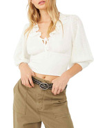 Free People Billie Cascade Ruffle Tie Puff Sleeve Smocked Sweater White ... - $67.90 CAD