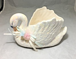 Swan shaped iridescent porcelain planter candy nuts bowl vintage Enesco MINT - £7.10 GBP