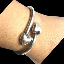 Vintage Sterling Silver 925 Mexico Cuff BRACELET Two Hearts Signed 6.5”-7.5” - £98.32 GBP