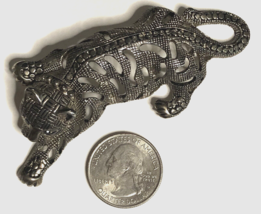 Vintage SILVER-TONE Leopard Cat Brooch Pin Large Nice Designer Black Onyx Eyes - £26.66 GBP