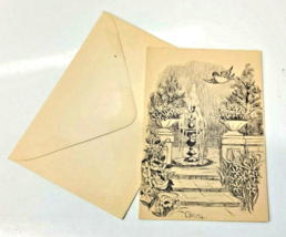 Ann Adams Note Card Water Fountain Flowers Polio Artist Pencil Drawing Envelope - £3.16 GBP