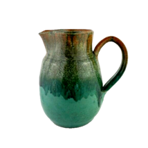 Hand Thrown Pottery Jug Drip Glaze Green Brown - $34.65