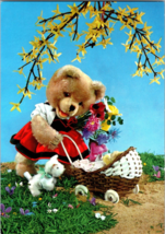 Teddy Bear  Walking her dog and baby Carriage Vintage Postcard  (CC6) - £9.61 GBP
