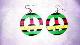 Rasta Peace Sign Red Yellow Green Black Hand Painted Wood Dangling Earrings - £7.98 GBP