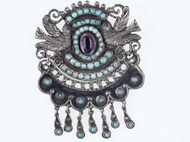 Large Vintage Matl Sterling Turquoise Amethyst repousse birds pendant/pin - £1,085.99 GBP
