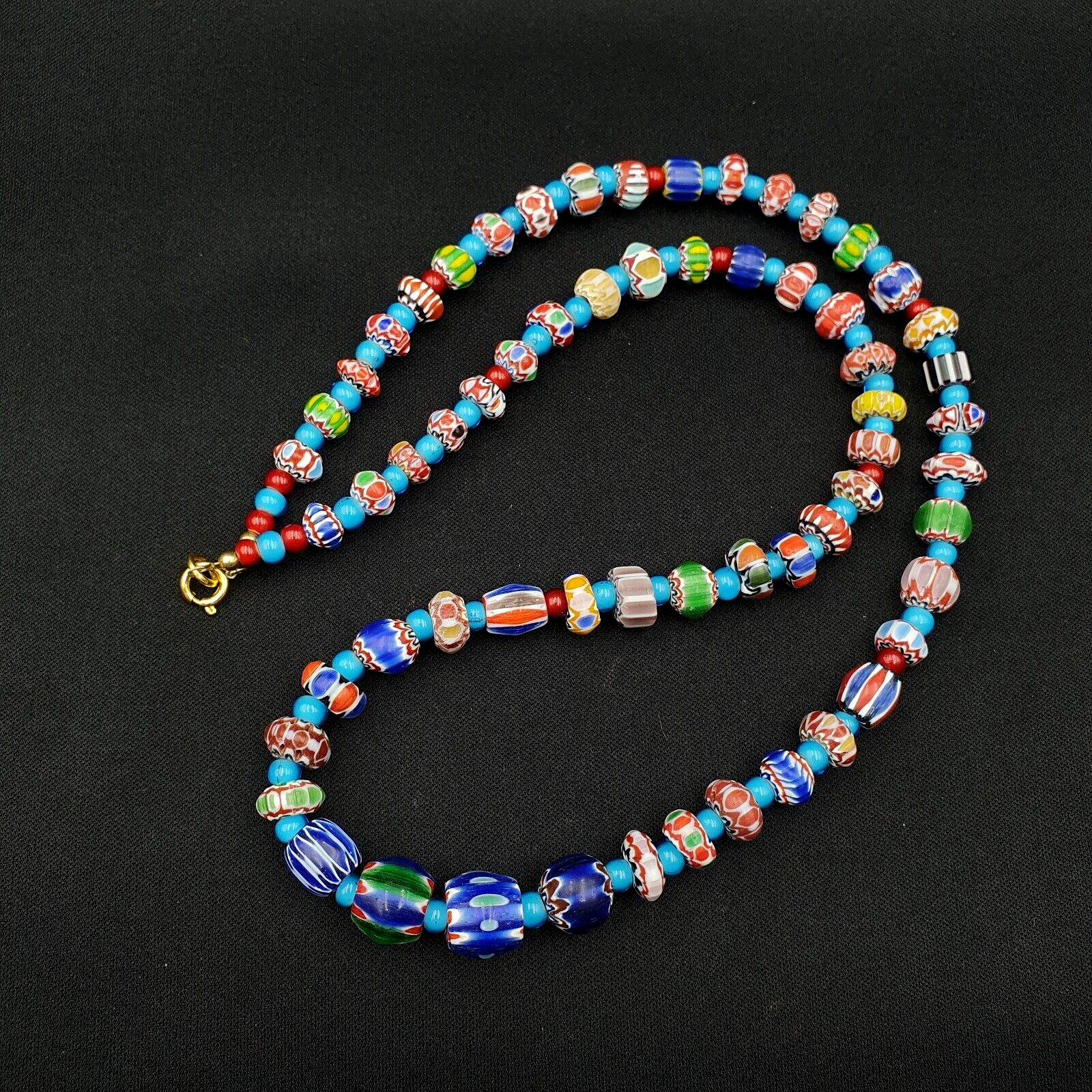 Primary image for Blue Chevron and White Heart Venetian Beads African Glass Beads Necklace #25