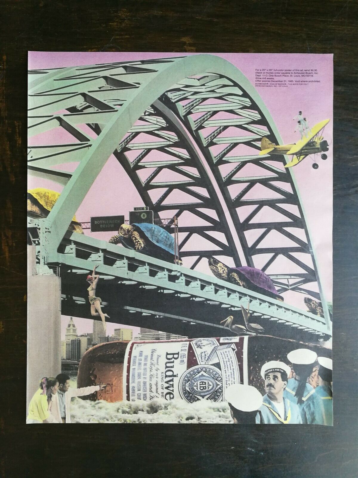 Primary image for Vintage 1986 Budweiser Beer Turtles on Bridge Full Page Original Color Ad