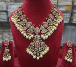 Bollywood Style Indien Rose Plaqué Or Zircone Kundan Collier Earrings Jewelry De - £186.03 GBP