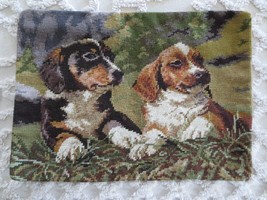 Pair RESTING BEAGLES Wool NEEDLEPOINT Panel - 15&quot; x 11-1/4&quot; +Borders - $29.00