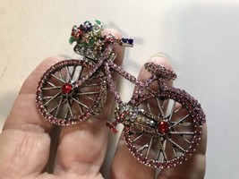 Sparkly Purple &amp; Pink Bicycle Bike Brooch Pin Encrusted Rhinestones w Flowers - £15.82 GBP
