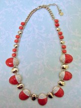 Talbots Goldtone Link Necklace with Coral Stones Clear Pave Rhinestones 22&quot; - $18.99