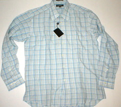 New Mens L NWT Guy Laroche Homme France Designer Shirt Ligt Blue Tan Linen Plaid - £141.62 GBP