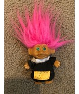 DAM TROLL DOLL 3&quot; Dressed in Green Felt Tunic Hot Pink Hair Amber Eyes S... - £9.53 GBP
