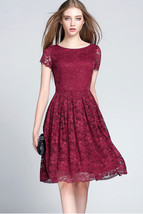 Unomatch Women Hollow Round Neck Short Sleeves Lace Skate Dress Red - £31.35 GBP