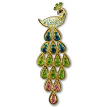 PEACOCK BROOCH 3&quot; Colorful Bird Pin Beautiful Sparkling Blue Green Lilac... - $3.95
