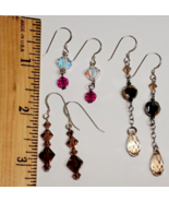 3 PAIR Lot Solid Sterling 925 Silver Earrings Faceted Crystals 9.5g - $24.55