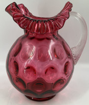 FENTON Cranberry JUMBO Glass Pitcher Inverted Optic Coin Dot Clear Handl... - $128.69