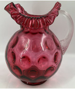 FENTON Cranberry JUMBO Glass Pitcher Inverted Optic Coin Dot Clear Handl... - £101.67 GBP