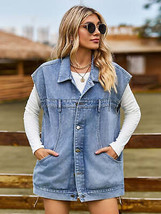 Button Up Collared Neck Sleeveless Denim Jacket - $50.99