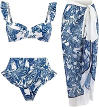 Wuitrie Women&#39;s Vintage Print 3-Piece Bikini Swimsuit with Wrap Skirt - ... - £13.71 GBP