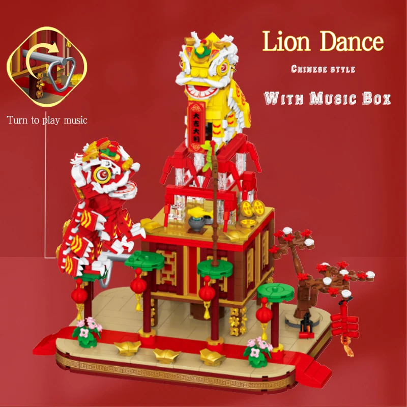 1325PCS Lion Dance Building Blocks Chinese Dragon Dance Music Box Chinese - £48.98 GBP