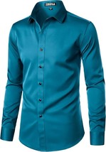 ZEROYAA Men&#39;s Long Sleeve Dress Shirt Fitted Teal Button Up Shirt XL - £16.72 GBP