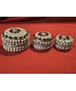 Set 3 Nesting Trinket Boxes Pearl Rhinestone Jeweled Metal Red Silver Decor - $50.53 CAD