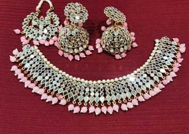 Mirror Jaipuri Light Pink Gold Plated Necklace Jhumka Earrings Tika Jewe... - $38.73