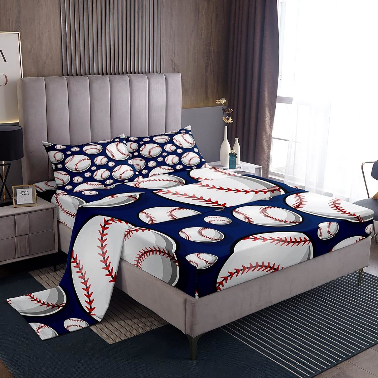 Baseball Sheet Set Sports Theme Bedding Set For Kids Boys Girls Teens 3D Blue Ba