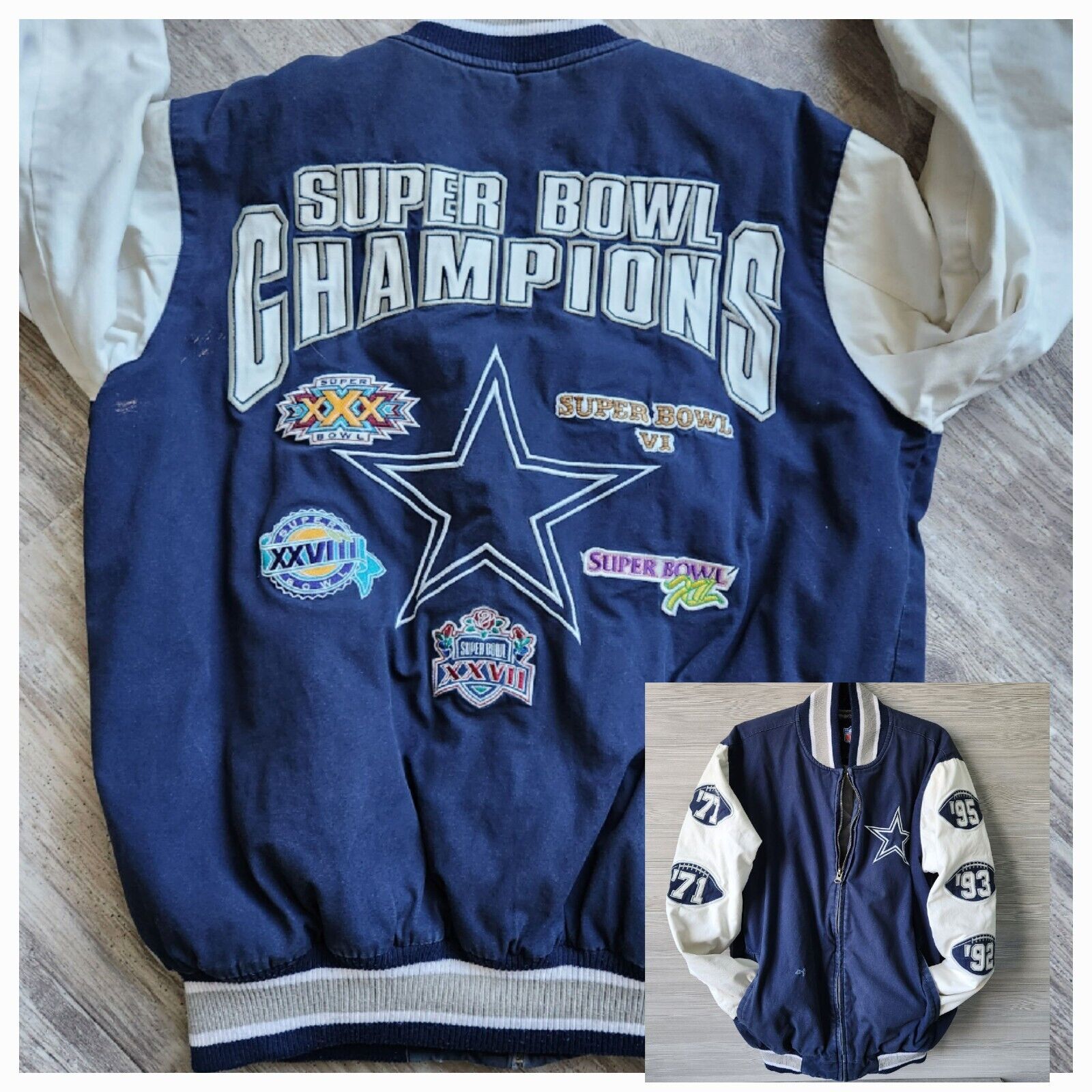 Primary image for Dallas Cowboys Super Bowl Champs Commemorative Patch Jacket Zip Blue Size M FLAW
