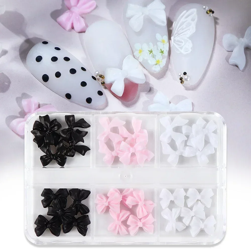 6 Grids Pink White Bow 3D Nail Charms Korean Kawaii Resin Rhinestone Nail Art - £8.91 GBP