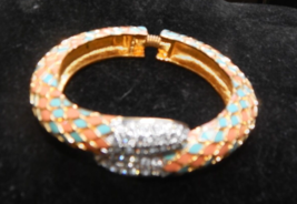 Kenneth Jay Lane, Enamel ORANGE BLUgold Jeweled Double Tail Snake Scale Bracelet - £95.19 GBP