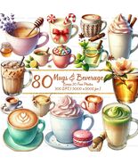 Watercolor Mugs Clipart Bundle: 80 Coffee, Tea, Cocoa PNG Set (Digital D... - $4.00