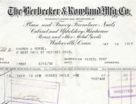 Waterville Waterbury Connecticut Berbecker Rowland Metal Goods Document - £14.72 GBP