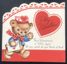 Vintage 1948 Rust Craft To My Valentine Teddy Bear Cub Greeting Card Hat USA - £14.75 GBP