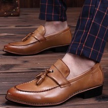 NEW Handmade Men&#39;s tan tassel loafers, Autumn fringed casual men&#39;s leather shoes - £115.45 GBP