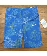 NWT $50 NIKE Dri-Fit Women&#39;s Medium Training 7” Shorts Blue Palm Leaves ... - $51.68 CAD